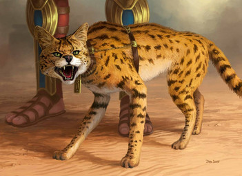 ambiguous_gender clothing collar duo fangs feral footwear fur inner_ear_fluff markings open_mouth sandals shoes spots spotted_body spotted_fur tail teeth tuft whiskers dan_scott hasbro magic:_the_gathering wizards_of_the_coast felid feline human mammal serval official_art