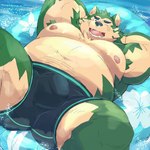 anthro armpit_hair balls_outline belly body_hair bulge clothing detailed_bulge genital_outline kemono male moobs navel nipples one_eye_closed overweight overweight_anthro overweight_male penis_outline solo swimwear water wink ayame42612 lifewonders live_a_hero mokdai canid canine canis domestic_dog mammal 1:1 2021