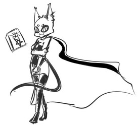 anthro black_clothing black_eyeliner book breasts cape clothed clothing eyeliner female legwear magic_user makeup simple_background slim small_breasts solo spellbook thigh_highs white_background viofsa lithe_(pancha) felid mammal monochrome source_request
