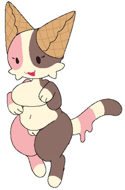 :3 :d belly big_breasts black_eyes breasts brown_arms brown_legs brown_stripes cheek_tuft facial_tuft female food genitals markings multicolored_body navel nude pink_arms pink_legs pink_stripes simple_background smile solo striped_markings striped_tail stripes tail tail_markings tuft vulva waffle_cone white_background white_breasts white_paws white_vulva snazzle_snapp nyapolitan_(snazzle_snapp) domestic_cat felid feline felis food_creature mammal