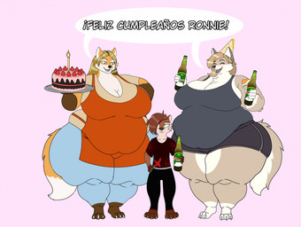 anthro apron belly big_belly big_breasts birthday_cake birthday_candle blonde_hair bottle bottomwear breasts brown_body brown_fur brown_hair cake candle clothing container dessert eyes_closed female fire food fruit fur grey_body grey_fur group hair huge_breasts male multicolored_body multicolored_fur obese obese_anthro obese_female one_eye_obstructed orange_body orange_fur overweight overweight_anthro overweight_female pants plant shirt shorts strawberry text thick_thighs topwear trio two_tone_body two_tone_fur white_body white_fur wide_hips xxsparcoxx michelle_(xxsparcoxx) ronnie_lancer sophia_(xxsparcoxx) canid canine canis fox mammal mustelid otter red_fox true_fox wolf 2026 digital_media_(artwork) hi_res spanish_text