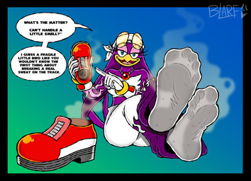 5_toes anthro blue_eyes bodily_fluids clothing dialogue feathers feet female foot_focus footwear gesture gloves hand_gesture handwear holding_clothing holding_footwear holding_object holding_shoes humanoid_feet kerchief looking_at_viewer musk plantigrade pointing purple_body purple_feathers shoes shoes_removed sitting sitting_on_ground smelly smelly_feet smelly_socks socks soles solo stink_fumes sweat sweaty_feet text toes blarf022 sega sonic_riders sonic_the_hedgehog_(series) wave_the_swallow avian bird hirundinid oscine passerine swallow_(bird) 2026 absurd_res english_text hi_res