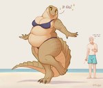 anthro beach belly big_belly big_breasts breasts claws clothing duo female green_body green_scales male obese obese_anthro obese_female on_one_leg overweight overweight_anthro overweight_female scales seaside shirtless smile standing swimming_trunks swimwear tail thick_tail thick_thighs yellow_eyes tenynn lucille_(tenynn) alligator alligatorid crocodilian human mammal reptile scalie hi_res