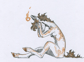 anthro bodily_fluids crying female hooves long_ears mane nude nude_anthro simple_background sitting solo tail tears unguligrade adeptus-monitus traditional_media_(artwork)