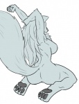 anthro arms_above_head back_boob biped breasts butt chest_fur exposure_variation female fur grey_body grey_fur muscular muscular_anthro muscular_female nude pawpads rear_view scar simple_background sitting solo stretching wariza rakkuguy velvela canid canine canis mammal wolf