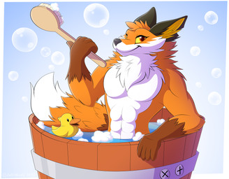 abs anthro bath bathing bathtub black_ears black_nose brush bubble bubble_bath cheek_tuft chest_tuft dipstick_tail facial_tuft fur holding_brush holding_object inner_ear_fluff male markings muscular muscular_anthro muscular_male neck_tuft orange_body orange_eyes orange_fur partially_submerged pecs rubber_duck simple_background smile solo tail tail_markings tuft water white_body white_fur yellow_inner_ear yellow_inner_ear_fluff yellow_sclera leo-wolf epic_games fortnite fennix_(fortnite) canid canine fox mammal red_fox true_fox 2022 digital_media_(artwork) hi_res