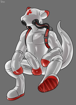 anthro big_penis boots clothing doctor drone dronesuit footwear genitals harness implied_permanent latex latex_boots latex_clothing latex_footwear latex_skinsuit male medical penis red_cross shoes simple_background skinsuit slave solo text text_on_body tight_clothing white_body hacony gleipnir_(hacony) mammal mustelid otter absurd_res english_text hi_res