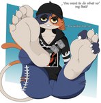 5_toes anthro asking asking_viewer barefoot barely_visible_breasts beanie black_beanie black_clothing black_eyeshadow black_hat black_headwear black_topwear blue_body blue_bottomwear blue_clothing blue_fur blue_pants bottomwear breasts cheek_tuft claws clothed clothed_anthro clothed_female clothing dialogue ear_piercing eyeliner eyeshadow facial_tuft feet female foot_fetish foot_focus fur fur_tuft hat headgear headwear humanoid_feet looking_at_viewer makeup multicolored_body multicolored_fur narrowed_eyes orange_body orange_fur pants piercing plantigrade smile soles solo tail talking_to_viewer teeth text toe_claws toes topwear tuft white_body white_fur white_soles yellow_eyes rosarydraws epic_games fortnite meow_skulls calico_cat domestic_cat felid feline felis mammal 2024 digital_media_(artwork) english_text hi_res
