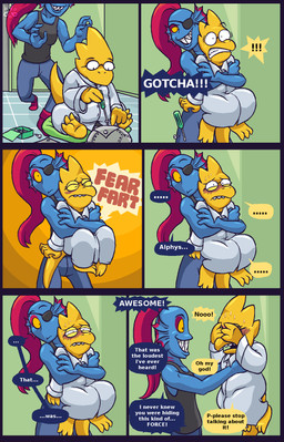 anthro blush bodily_fluids clothing coat covering covering_face dialogue duo ellipsis embarrassed exclamation_point fart female female/female grin hug humor lab_coat lifted open_mouth scared science smile sneaking speech_bubble surprised sweat text topwear conditional_dnp grumpyvulpix undertale undertale_(series) alphys undyne aquatic scalie aliasing comic digital_media_(artwork) english_text hi_res signature