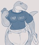 anthro big_diaper clean_diaper clothed clothing diaper holding_diaper looking_at_viewer male muscular protein_shake solo touching_diaper wearing_diaper steelshark dinosaur prehistoric_species reptile scalie theropod tyrannosaurid tyrannosauroid tyrannosaurus tyrannosaurus_rex absurd_res hi_res