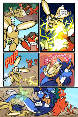 2_horns 5_panel_comic ambiguous_gender attack balloon balloon_with_face black_nose black_text blue_body blue_fur blue_hair blue_wings brown_body cheek_tuft claws clenched_teeth cloud day dialogue dot_eyes dot_pupils electricity electricity_manipulation elemental_manipulation ellipsis exclamation_point eyebrows eyelashes facial_tuft feathered_wings feathers feral finger_claws fur glowing glowing_eyes green_eyes group hair horn inflatable inner_ear_fluff jewelry looking_at_another looking_back melee_weapon motion_lines multi_tail open_mouth orange_body outside page_number paws pendant polearm red_eyes scales sharp_teeth simple_eyes sky sound_effects spear speech_bubble tail talking_to_another teeth text toe_claws tongue toony tuft weapon white_sclera wings yellow_sclera virmir mythology renbrand roko_kirihoko saida animate_inanimate canid canine couatl dragon feathered_scalie feathered_snake fox kobold living_inflatable mammal mythological_creature mythological_scalie reptile scalie snake spirit 2026 2:3 absurd_res comic english_text hi_res signature female_(lore) male_(lore)