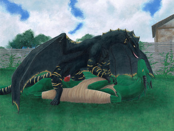 band-aid bandage bandage_on_chest black_body black_horn black_scales blue_flower bodily_fluids broken_wing building cloud detailed_background duo entwined_tails female female_on_top female_penetrated fence feral flower frill_(anatomy) genital_fluids genitals gold_body grass green_body hand_holding horn interlocked_fingers lying male male/female male_on_bottom male_penetrating male_penetrating_female markings membrane_(anatomy) membranous_frill on_back on_bottom on_top open_mouth outside penetration penile penile_penetration penis plant red_penis ridged_horn ridged_penis scales sex smile striped_legs striped_markings striped_tail stripes tail tail_coil tail_markings teeth tree vaginal vaginal_penetration vulva wings yellow_eyes rmmlusitania mythology the_dragon_in_the_dungeon korvarak narymiryn dragon mythological_creature mythological_scalie scalie hi_res