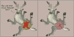 antlers bodily_fluids bow_ribbon christmas_present dialogue female feral gift holidays hooves horn lactating lying raised_leg smile solo spread_legs spreading teats text udders yellow_eyes milvusb christmas deer mammal new_world_deer reindeer english_text hi_res