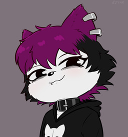 alternative_fashion anthro blush clothing collar ear_piercing emo eye_bags facial_piercing female hair hoodie lip_piercing looking_at_viewer piercing purple_hair smile topwear e254e veronica_(e254e) domestic_cat felid feline felis mammal absurd_res hi_res