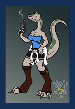 3_fingers 3_toes anthro badge big_feet black_bottomwear black_clothing black_miniskirt black_skirt blowing_smoke blue_clothing blue_topwear boots border bottomwear breasts brown_body brown_boots brown_claws brown_clothing brown_footwear brown_scales claws clothing cosplay costume digitigrade emblem eyelashes feet female finger_claws fingers footwear glistening glistening_eyes green_body green_markings green_scales gun gun_smoke hand_on_hip handgun holding_gun holding_object holding_ranged_weapon holding_weapon hoodie hoodie_around_waist long_neck long_tail looking_at_viewer markings medium_breasts miniskirt open_mouth pistol pupils ranged_weapon scales shoes simple_background skirt slim small_waist smile smiling_at_viewer smoke snout solo standing tail tapering_tail teeth toe_claws toeless_boots toeless_footwear toes topwear transparent_border weapon white_clothing white_hoodie white_topwear yellow_eyes janek5 capcom resident_evil chloe_(janek5) coelophysid coelophysis dinosaur prehistoric_species reptile saurischian scalie theropod absurd_res alpha_channel hi_res