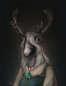accessory anthro antlers blue_eyes clothing dress female fur gem grey_body grey_fur grey_hair hair hair_accessory hair_ribbon horn jewelry lips necklace ribbons solo ttendy deer mammal new_world_deer reindeer hi_res high_contrast