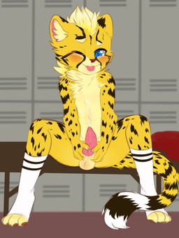 4_toes animal_genitalia animal_penis anthro balls biped black_body black_fur blue_eyes blush bodily_fluids canine_genitalia canine_penis clothing cum cum_on_chest erection feet footwear fur genital_fluids genitals legwear locker locker_room male orgasm penis pink_penis pink_tongue shota simple_background sitting socks solo toes tongue tongue_out yellow_body yellow_fur young young_anthro young_male aoizuri casey_nicolai felid leopard mammal pantherine 3:4 hi_res