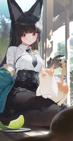 accessory animal_ears black_hair blush breasts clothed clothed_female clothed_humanoid clothing duo female feral fully_clothed fully_clothed_female fully_clothed_humanoid hair kneeling long_hair necktie red_eyes seiza shirt sitting topwear white_clothing white_shirt white_topwear jeonghee1414 mihoyo zenless_zone_zero hoshimi_miyabi animal_humanoid canid canid_humanoid canine canine_humanoid domestic_cat felid feline felis fox_humanoid humanoid mammal mammal_humanoid thiren 2026 absurd_res hi_res