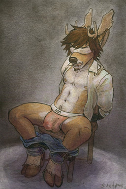 abs anthro antlers bdsm blindfold bondage bottomwear bottomwear_down bound brown_hair bulge chair chair_bondage clothed clothing cloven_hooves detailed_bulge facial_hair forced forced_blindfold forced_bondage forced_exposure furniture genital_outline goatee hair hands_tied hooves horn jockstrap male navel nipples open_clothing open_mouth open_shirt open_topwear pants pants_down partially_clothed pecs penis_outline shirt solo submissive submissive_male topwear underwear sicklyhypnos jegermaistro deer mammal 2015 hi_res painting_(artwork) traditional_media_(artwork) traditional_painting_(artwork) traditional_watercolor_(artwork) watercolor_(artwork)