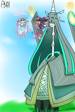 backpack black_hair blush clothing eating female floating gesture group hair hand_gesture happy hat headgear headwear heart_symbol levitation long_hair long_neck male size_difference smile tentacles text thumbs_up ankk nintendo pokemon elio_(pokemon) aquatic celesteela cnidarian generation_7_pokemon human mammal nihilego pokemon_(species) ultra_beast 2:3 hi_res japanese_text translated