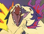 ambiguous_gender bodily_fluids colored_fire duo feral fire hand_holding mouth mouth_shot open_mouth saliva semi-anthro teeth tongue tongue_out uvula conditional_dnp wolftacos nintendo pokemon generation_2_pokemon generation_8_pokemon hisuian_form hisuian_typhlosion pokemon_(species) regional_form_(pokemon) typhlosion absurd_res hi_res