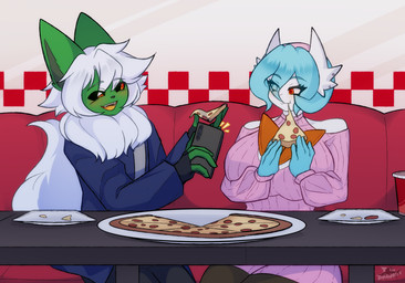 anthro big_breasts blue_hair blush breasts cellphone clothing date duo eating electronics female fingerless_gloves food gloves hair hair_over_eye handwear huge_breasts male neck_tuft orange_eyes phone pizza shoulderless_sweater smartphone sweater topwear tuft white_hair talia_thresher nintendo pokemon awah_(awakeon) mandy_(gammainks) eeveelution flareon generation_1_pokemon generation_6_pokemon mega_evolution mega_gardevoir pokemon_(species) shiny_pokemon absurd_res hi_res