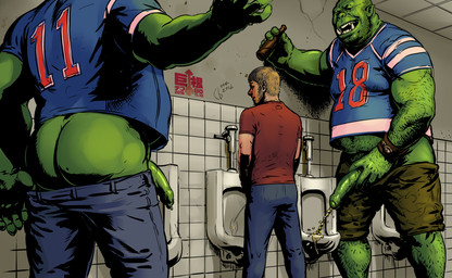 balls bathroom belly beverage biceps big_penis blush bodily_fluids bottomwear bottomwear_down butt clothed clothing competition_number foreskin genital_fluids genitals glans green_glans green_penis group hairy half-erect humanoid_genitalia humanoid_penis jersey male muscular muscular_male nervous not_furry number number_on_clothing number_on_jersey number_on_topwear number_print overweight overweight_male pants pants_down partially_clothed peeing peeing_together penis presenting print_clothing print_jersey print_topwear shirt standing topwear tusks urinal urine cureboltium big_dick_day human humanoid mammal orc digital_media_(artwork)