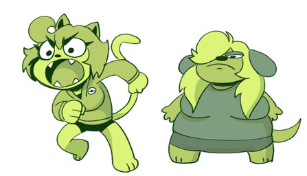 angry anthro bottomwear breasts chibi clothed clothing duo eyelashes fangs female frown fully_clothed hair long_hair open_mouth overweight overweight_female parody shirt short_hair shorts simple_background skirt standing sweater teeth topwear white_background anaugi ello_(anaugi) penny_(anaugi) canid canine canis domestic_cat domestic_dog felid feline felis mammal monochrome