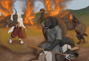 anthro anus axe bite black_body black_fur black_nose blood bodily_fluids bottomwear chainmail claws clothing female fire fur green_eyes group male pants red_bottomwear red_clothing red_pants robbery shield torch viking white_body white_fur furrymammy arnulf_bader canid canine canis mammal wolf absurd_res hi_res
