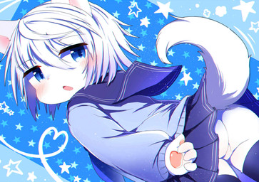 4_fingers anthro blue_clothing blue_eyes blush bottomwear butt clothed clothing eye_through_hair featureless_crotch female female_anthro fingers fur hair kemono legwear loli looking_at_viewer looking_back no_underwear open_mouth pattern_background pawpads school_uniform simple_background skirt solo star-shaped_background star_polygon tail tail_under_skirt thigh_highs translucent translucent_hair uniform white_body white_fur white_hair young young_female ne_(nefuraito336) canid canine mammal 2019 hi_res