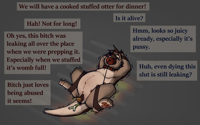 6_breasts 6_nipples anal anal_penetration andromorph anthro bdsm bloated bodily_fluids bondage bound breasts burning burning_alive burnt character_prepared_as_food clitoris collar collar_only cooked cooking degradation dirty_talk dying eyewear facial_hair food food_fetish food_in_mouth food_in_pussy food_insertion food_play genital_fluids genitals glasses gore hands_behind_head improvised_sex_toy inflation intersex leaking misgendering multi_breast multi_nipple mustache nipples nude overweight pawpads paws penetration plant profanity roasted sadism saliva shaking shivering slut_collar solo spread_legs spreading stubble tears text vaginal vaginal_fluids vaginal_penetration vegetable vulva ottertobedestroyed hiro_(ottertobedestroyed) mammal mustelid otter 2025 digital_drawing_(artwork) digital_media_(artwork) english_text hi_res