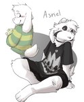 anthro bottomwear choker clothed clothing duo floppy_ears fur jewelry male necklace shirt shorts simple_background sitting solo sweater t-shirt topwear white_background white_body white_fur pop2hotzz undertale undertale_(series) asriel_dreemurr asriel_dreemurr_(god_form) bovid caprine goat humanoid mammal