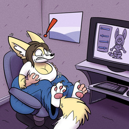 anthro breasts chair cleavage clothed clothing computer_keyboard computer_monitor computer_mouse exclamation_point female furniture gender_transformation hand_on_breast human_to_anthro mid_transformation mtf_transformation office_chair short_stackification shortstack shrinking size_transformation solo species_transformation transformation trevor-fox canid canine fennec_fox fox mammal true_fox 1:1 hi_res