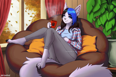 4_toes anthro autumn barefoot beverage black_claws black_hair blue_clothing blue_eyes blue_hair blue_shirt blue_topwear bottomwear chair claws clothed clothing detailed_background feet female finger_claws flannel flannel_shirt fluffy fluffy_tail furniture hair holding_beverage holding_object house_plant inside long_tail looking_at_viewer on_chair pants pawpads paws pillow pink_pawpads plantigrade relaxing shirt smile solo sweatpants tail text toe_claws toes topwear john_hundred dawn_(ask_derpy_cat1) domestic_cat felid feline felis mammal nebelung english_text