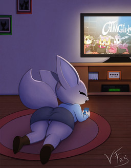 anthro barely_visible_genitalia barely_visible_vulva big_butt big_ears big_head black_eyes blue_clothing blue_shirt blue_topwear boots bottomwear brown_body brown_boots brown_clothing brown_footwear brown_fur butt cellphone circle_rug clothed clothing concert dark_room electronics entertainment_center facing_away_from_viewer female floor fluffy fluffy_tail footwear framed_picture fur game_console genitals glowing grey_bottomwear grey_clothing grey_ears grey_skirt grey_wall hard_shadows looking_at_viewer looking_back lying narrowed_eyes no_underwear on_front open_mouth performance phone phone_screen presenting raised_tail rug screen shadow shirt shoes short_stack skirt smartphone smile smiling_at_viewer smirk solo squint squinted_eyes tail tan_body tan_fur teasing teasing_viewer television texting topwear tv_glow upskirt vcr visible_pussy vulva white_ears wood wood_floor vancefluff aggretsuko gamecube nintendo sanrio fenneko otmgirls retsuko canid canine fennec_fox fox mammal true_fox absurd_res hi_res shaded soft_shading