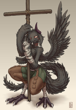 bandage black_body black_feathers chest_tuft cross feathered_wings feathers feet frown horn male one_eye_closed scar solo talons toes tuft wings bubonikku monster hi_res signature