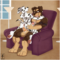 abs anal anal_penetration animal_genitalia anthro anus balls biceps big_balls big_muscles big_penis black_body black_fur blue_eyes bodily_fluids border brown_body brown_fur butt butt_grab chair cum cum_in_ass cum_inside cum_on_balls cum_on_belly cum_on_body cum_on_chest cum_on_penis cum_string cum_while_penetrated cumshot dominant duo ejaculation erection fangs from_front_position fur furniture genital_fluids genitals grin hand_on_butt hand_on_shoulder hands-free kneeling larger_dom larger_male leaking male male/male male_on_bottom male_on_top male_penetrated male_penetrating male_penetrating_male markings mastery_position messy muscular muscular_male nipples nude on_bottom on_lap on_top open_mouth orgasm pecs penetration penis rear_view red_eyes sex sheath sitting sitting_on_lap size_difference smaller_male smile sofa spots straddling tan_body tan_fur tattoo teeth tongue vein white_body white_border white_fur aaron_(artist) canid canine canis dalmatian domestic_dog mammal mastiff molosser rottweiler 1:1 2013 digital_media_(artwork) hi_res