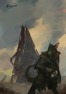 anthro cloak clothing curved_tail digitigrade ears_back fingerless_gloves fur gloves handwear inner_ear_fluff looking_at_side male pivoted_ears post-apocalyptic pouch_(clothing) radar_dish solo tail tuft walking walking_away walking_towards_viewer gaertan mythology animal_humanoid dragon dragon_humanoid humanoid mythological_creature mythological_scalie scalie digital_drawing_(artwork) digital_media_(artwork) digital_painting_(artwork) hi_res painting_(artwork)