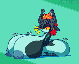 areola big_areola big_breasts big_butt big_nipples black_body black_ears black_skin blue_areola blue_body blue_markings blue_nipples blue_skin breast_expansion breasts butt butt_expansion expansion eyebrows female fused_shadow green_background grey_helmet hair huge_breasts huge_butt humanoid_pointy_ears hyper hyper_breasts kneeling markings motion_lines multicolored_body nipples not_furry orange_hair pointy_ears red_eyebrows red_eyes short_stack simple_background solo swelling thick_thighs two_tone_body yellow_sclera epicpotatolord nintendo the_legend_of_zelda twilight_princess midna humanoid imp twili 2025 cel_shading colored digital_media_(artwork) pixel_(artwork) shaded