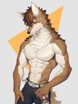 3:4 abs absurd_res anthro belt biceps bottomwear brown_body brown_fur canid canine clothing countershading digital_media_(artwork) fur hair hi_res looking_at_viewer male mammal muscular muscular_anthro muscular_male pants pecs simple_background solo ty_arashi white_body white_fur