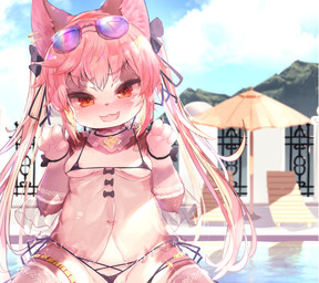 anthro areola areola_slip bikini blush breasts clothed clothing eyewear eyewear_on_head female female_anthro gloves handwear kemono micro_bikini poolside small_breasts solo sunglasses sunglasses_on_head swimwear two-piece_swimsuit under_boob wearing_sunglasses young nyankone domestic_cat felid feline felis mammal absurd_res hi_res