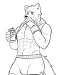 abs anthro biceps biped bottomwear bulge clothed clothing clothing_lift detailed_bulge erection erection_under_clothing genital_outline hair male male_anthro muscular muscular_male nipples pecs penis_outline shirt shirt_lift shorts sleeveless_clothing solo standing topwear northwoooof canid canine canis mammal wolf absurd_res hi_res monochrome
