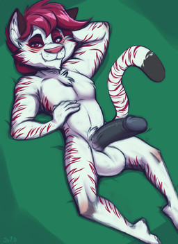 anthro athletic athletic_anthro athletic_male balls bedding biceps big_balls big_penis erection fingers fur genitals hair hand_behind_head long_tail looking_at_viewer lying male multicolored_body multicolored_fur nude on_back penis red_body red_eyes red_fur red_hair red_stripes short_hair simple_background smile solo striped_body striped_fur stripes tail two_tone_body two_tone_fur white_body white_fur joelasko cormac_ascalon felid mammal pantherine tiger 2020 dated digital_drawing_(artwork) digital_media_(artwork) hi_res signature