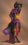 anthro barefoot biped black_body black_fur black_nose digitigrade feet fur male purple_eyes simple_background solo standing akineza zephyrius anubian_jackal canid canine canis jackal mammal wolf 2018 digital_media_(artwork) hi_res