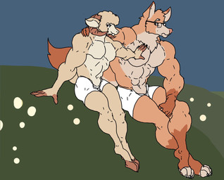 abs anthro bottomwear clothed clothing crossed_legs duo ears_back ears_up eyebrows eyewear fur glasses grass hand_on_arm hand_on_chest hooves horn looking_at_viewer male male/male mostly_nude muscular muscular_anthro muscular_male orange_body orange_fur outside pants pants_only pivoted_ears plant sitting sitting_on_ground sky smile smiling_at_viewer topless wearing_glasses white_body white_fur white_wool wool_(fur) feltp reynard_the_baa bovid canid canine caprine fox mammal sheep