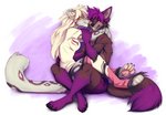 anthro black_body black_fur black_spots breasts burn_scar clothed clothing eyebrows eyelashes female fur grey_body grey_fur interspecies markings purple_body purple_fur red_eyes scar smile spots spotted_body spotted_fur ailuranthropy dyz_(nukepone) freckles_(nukepone) canid canine canis felid mammal pantherine snow_leopard wolf 2020 digital_media_(artwork) watermark