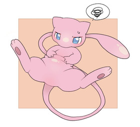3_fingers ambiguous_background ambiguous_gender belly belly_squish blue_eyes blush blush_lines bodily_fluids border emanata featureless_crotch feet feral fingers floating frustration_cloud hindpaw long_tail mouth_closed paws pink_body pink_hands pink_tail simple_background solo speech_bubble spread_legs spreading squish sweat sweatdrop tail tan_background thick_thighs white_background white_border white_sclera yakiniku628 nintendo pokemon generation_1_pokemon legendary_pokemon mew_(pokemon) pokemon_(species) 2026 colored