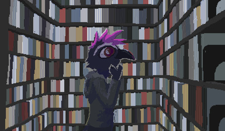 anthro black_body black_feathers book bookshelf clothing feathers female furniture grey_clothing grey_shirt grey_topwear hair mohawk pink_hair shirt solo topwear demensa artfight avian bird corvid corvus_(genus) crow oscine passerine 2023 digital_media_(artwork) pixel_(artwork) trans_(lore) trans_woman_(lore)