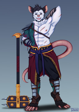 abs anthro armor asian_clothing bandage big_muscles big_pecs black_body black_gradient_arms black_gradient_legs choker clothed clothing fur hammer hand_on_hip hands_behind_back jewelry leg_armor looking_at_viewer male multicolored_body multicolored_fur muscular muscular_anthro muscular_male neck_tuft necklace one_eye_closed open_mouth partially_clothed pauldron pecs raised_arm red_eyes sash scar sharp_teeth smile solo tail teeth tools tuft whiskers white_body white_fur wink winking_at_viewer sinarts dren_(sinarts) american_opossum mammal marsupial virginia_opossum absurd_res hi_res