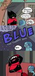 anthro black_body black_fur blue_body blue_fur bodily_fluids cape clothing crying digitigrade duo fur green_eyes male red_clothing tears text therapist lordoftheboxfort cartoon_network mao_mao:_heroes_of_pure_heart ol'_blue sheriff_mao_mao_mao canid canine canis domestic_cat domestic_dog felid feline felis mammal english_text hi_res